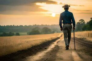 un' uomo a piedi giù un' sporco strada con un' canna. ai-generato foto