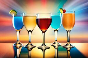 quattro bicchieri di diverso colorato bevande su un' tavolo. ai-generato foto