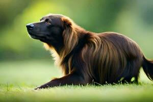 un' cane con lungo capelli seduta su il erba. ai-generato foto