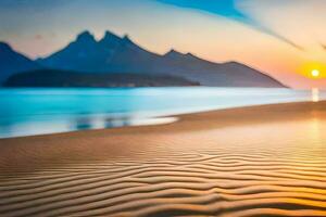 tramonto su il spiaggia, montagne, acqua, sabbia, onde, orizzonte, orizzonte linea,. ai-generato foto