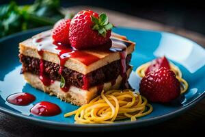 un' pezzo di torta con fragole e salsa su esso. ai-generato foto