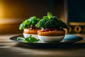 Due piccolo piatti con broccoli e formaggio su un' nero piatto. ai-generato foto