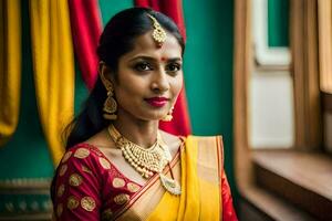 un' bellissimo indiano sposa nel un' tradizionale sari. ai-generato foto