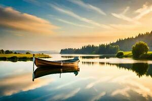 un' barca si siede su il acqua a tramonto. ai-generato foto