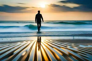 un' uomo in piedi su il spiaggia a tramonto. ai-generato foto