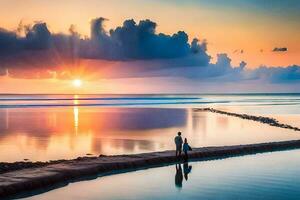 il uomo è in piedi su il bordo di il acqua, guardare a il tramonto. ai-generato foto