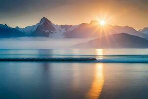 il sole sorge al di sopra di montagne e acqua. ai-generato foto