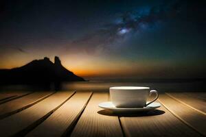 un' tazza di caffè su un' di legno tavolo nel davanti di un' bellissimo tramonto. ai-generato foto