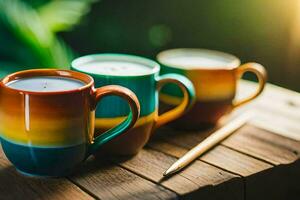 tre colorato caffè tazze con un' candela su un' di legno tavolo. ai-generato foto