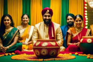 indiano nozze con famiglia e gli amici. ai-generato foto