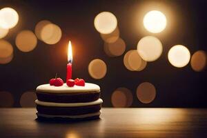 un' piccolo compleanno torta con un' illuminato candela. ai-generato foto