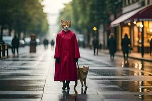 un' donna nel un' rosso cappotto e un' cane a piedi giù un' strada. ai-generato foto