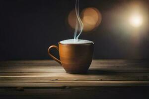 un' tazza di caffè su un' di legno tavolo. ai-generato foto