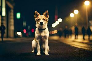 un' cane seduta su il strada a notte. ai-generato foto