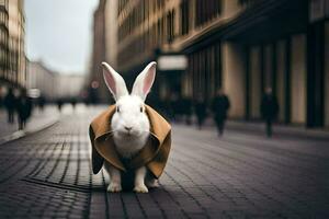 un' coniglio indossare un' cappotto su un' città strada. ai-generato foto