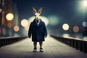 un' coniglio vestito nel un' completo da uomo e cravatta in piedi su un' ponte. ai-generato foto