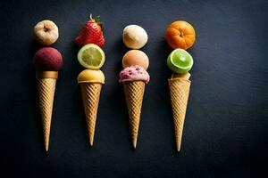 cinque ghiaccio crema coni con diverso frutta e verdure. ai-generato foto