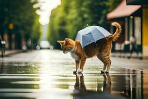 un' gatto a piedi nel il pioggia con un ombrello. ai-generato foto