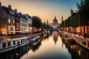 un' canale con Barche nel il mezzo di un' città. ai-generato foto