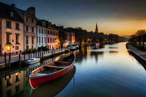 un' barca è attraccato su un' canale a tramonto. ai-generato foto