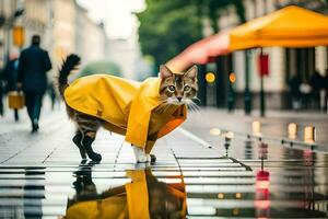 un' gatto nel un' giallo impermeabile a piedi su un' bagnato strada. ai-generato foto
