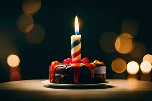 un' cioccolato compleanno torta con un' illuminato candela. ai-generato foto