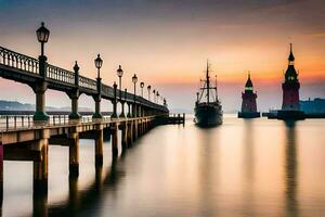 un' molo con un' barca e un' Torre a tramonto. ai-generato foto