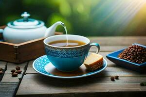 un' tazza di tè e un' teiera su un' di legno tavolo. ai-generato foto