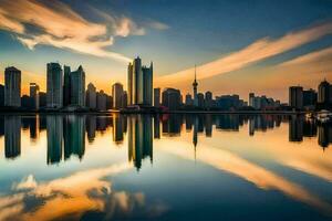 il città orizzonte è riflessa nel il acqua a tramonto. ai-generato foto