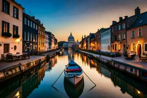 un' barca è attraccato nel un' canale a tramonto. ai-generato foto