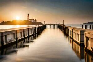 un' molo con un' faro a tramonto. ai-generato foto