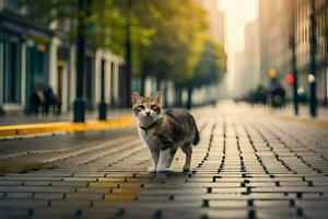 un' gatto a piedi giù un' strada nel il città. ai-generato foto