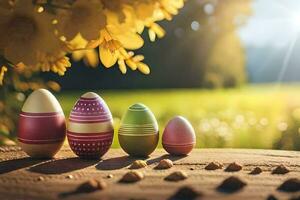 Pasqua uova su un' di legno tavolo con sole splendente nel il sfondo. ai-generato foto