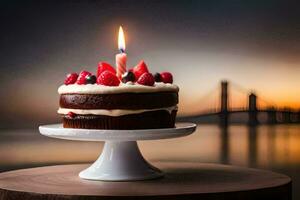 un' compleanno torta con un' singolo candela su superiore. ai-generato foto