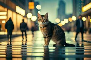 un' gatto è in piedi su un' strada a notte. ai-generato foto