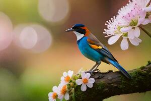 un' colorato uccello si siede su un' ramo con fiori. ai-generato foto