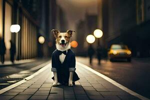 un' cane nel un' completo da uomo e cravatta seduta su il strada. ai-generato foto