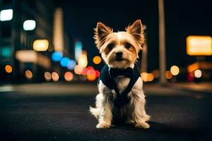 un' piccolo cane indossare un' arco cravatta su il strada a notte. ai-generato foto