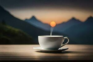 un' tazza di caffè su un' tavolo nel il montagne. ai-generato foto