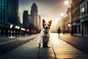 un' cane seduta su il strada nel il città. ai-generato foto