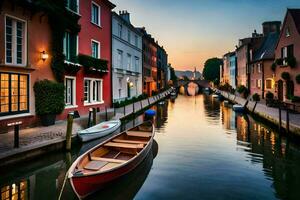 un' barca è attraccato nel un' canale a tramonto. ai-generato foto