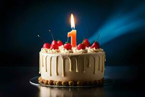 un' compleanno torta con un' candela su superiore. ai-generato foto
