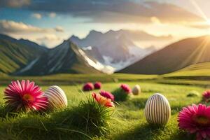 Pasqua uova nel il erba con fiori e montagne nel il sfondo. ai-generato foto