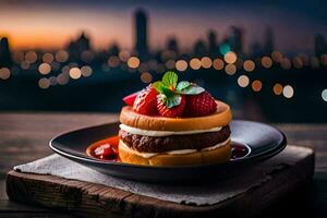 un' fragola e cioccolato torta su un' piatto con un' paesaggio urbano nel il sfondo. ai-generato foto