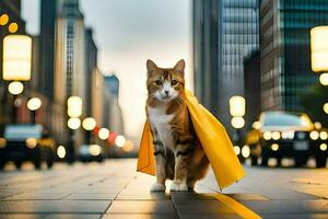 un' gatto indossare un' giallo capo su il strada. ai-generato foto