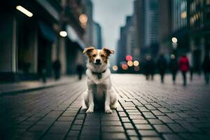 un' cane seduta su il strada nel un' città. ai-generato foto