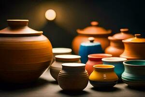 un' gruppo di colorato ceramica vasi su un' tavolo. ai-generato foto