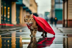 un' gatto indossare un' rosso capo a piedi su un' bagnato strada. ai-generato foto