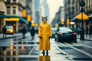 un' gatto nel un' giallo impermeabile in piedi su un' città strada. ai-generato foto