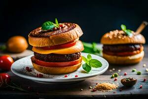 Due hamburger su un' piatto con pomodori e spezie. ai-generato foto